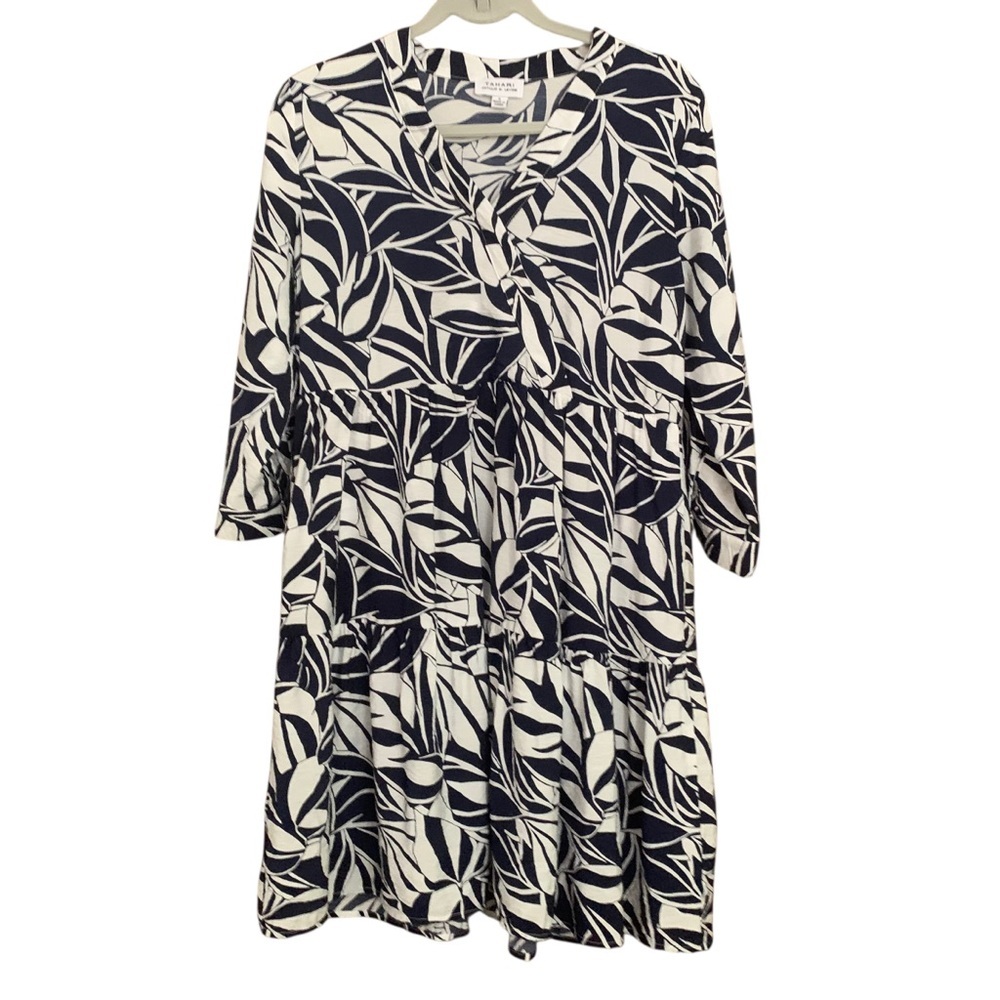 Tahari Navy White Tropical Travel V Wrap Neck Babydoll Pockets Dress Sz S
